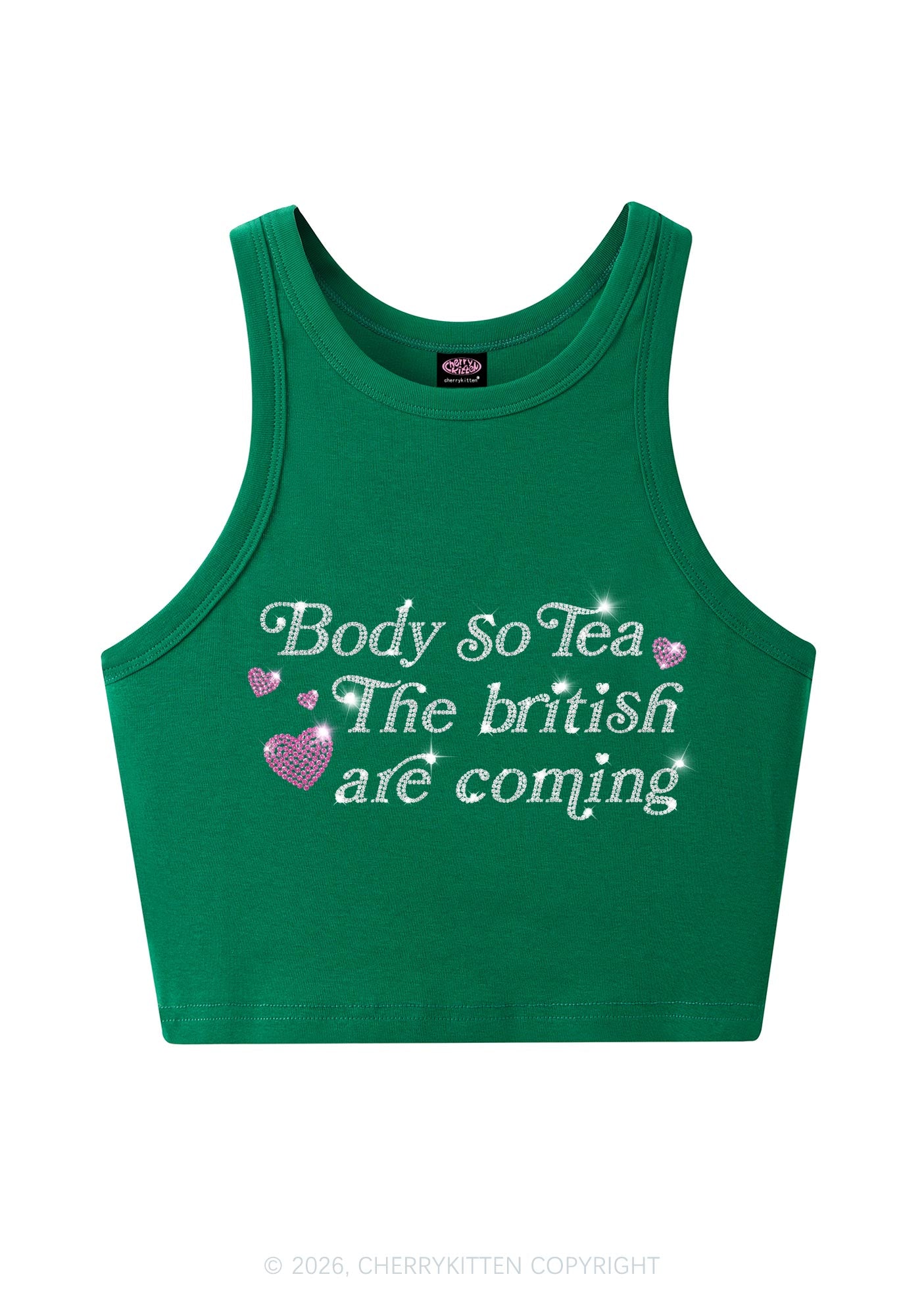 Rhinestone Body So Tea Y2K Crop Tank Top Cherrykitten