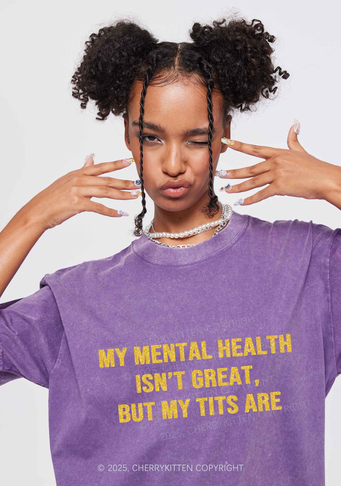 Glitter My Mental Health Isnt Great Y2K Shirts Washed Tee Cherrykitten