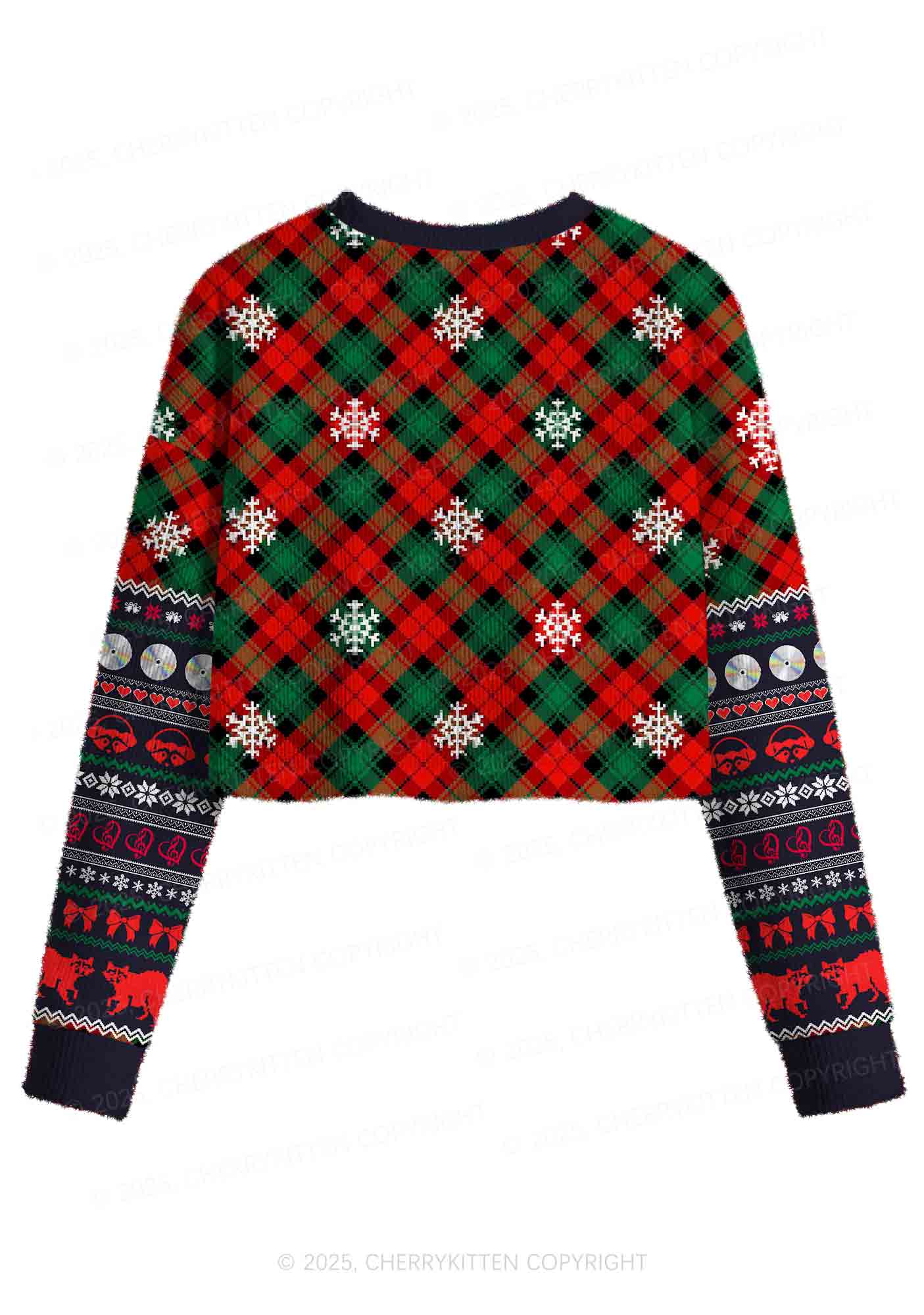Raccoon Concert Y2K Christmas Crop Knit Sweatshirt Cherrykitten