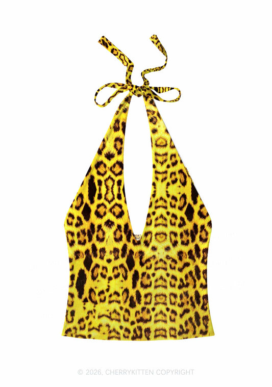 Yellow Leopard Y2K Print Halter Deep V Neck Cami Cherrykitten