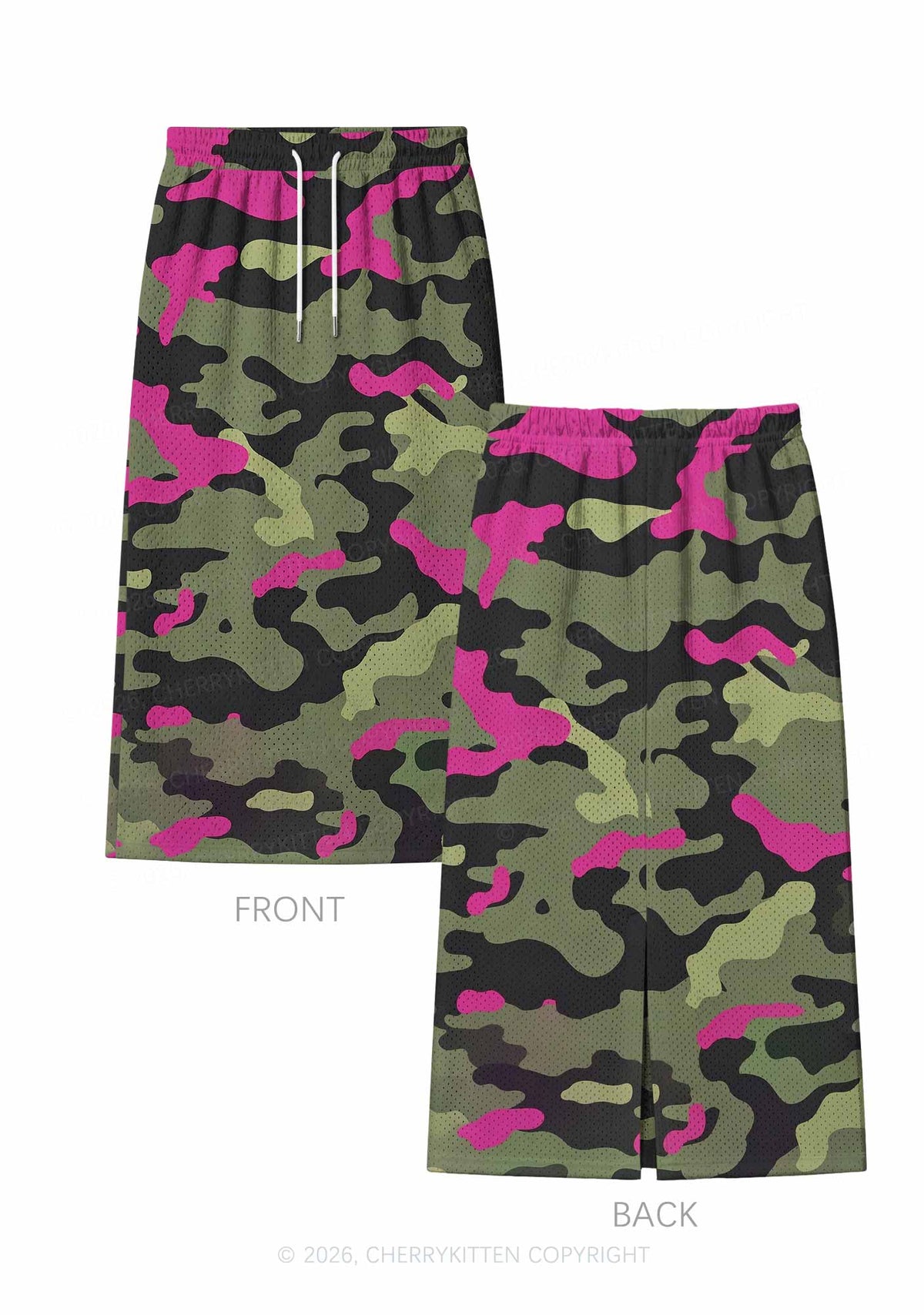 Green And Hot Pink Camo Y2K Sport Jersey Drawstring Midi Skirt Cherrykitten