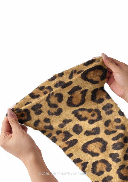 Khaki Leopard Y2K Print Fuzzy Flared Leg Warmers Cherrykitten