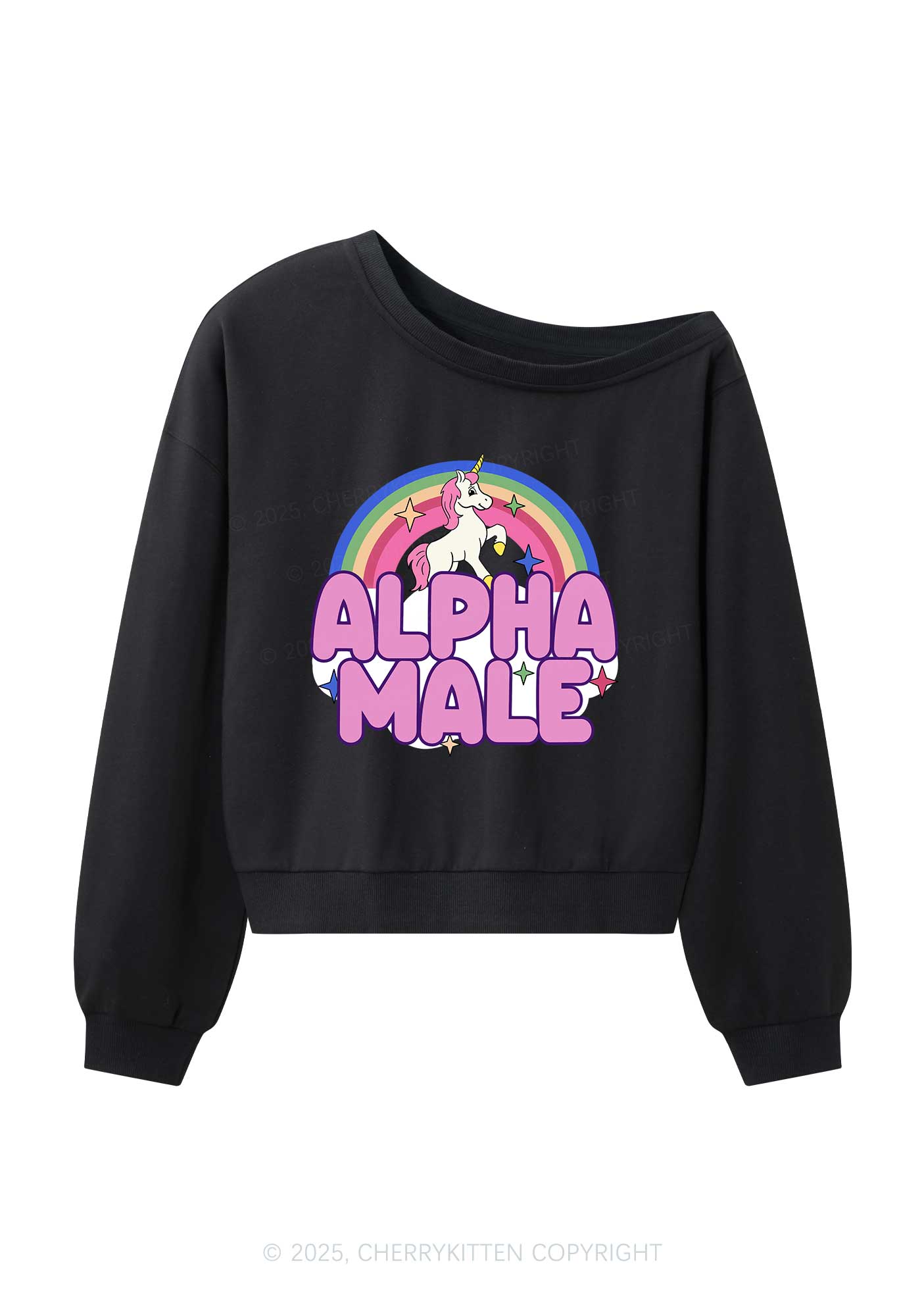 Rainbow Unicorn Alpha Male Y2K Off Shoulder Sweatshirts Cherrykitten