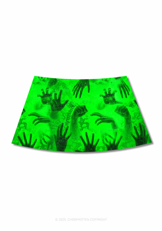 Halloween Green Hands Frenzy Y2K Print Mini Skirt Cherrykitten