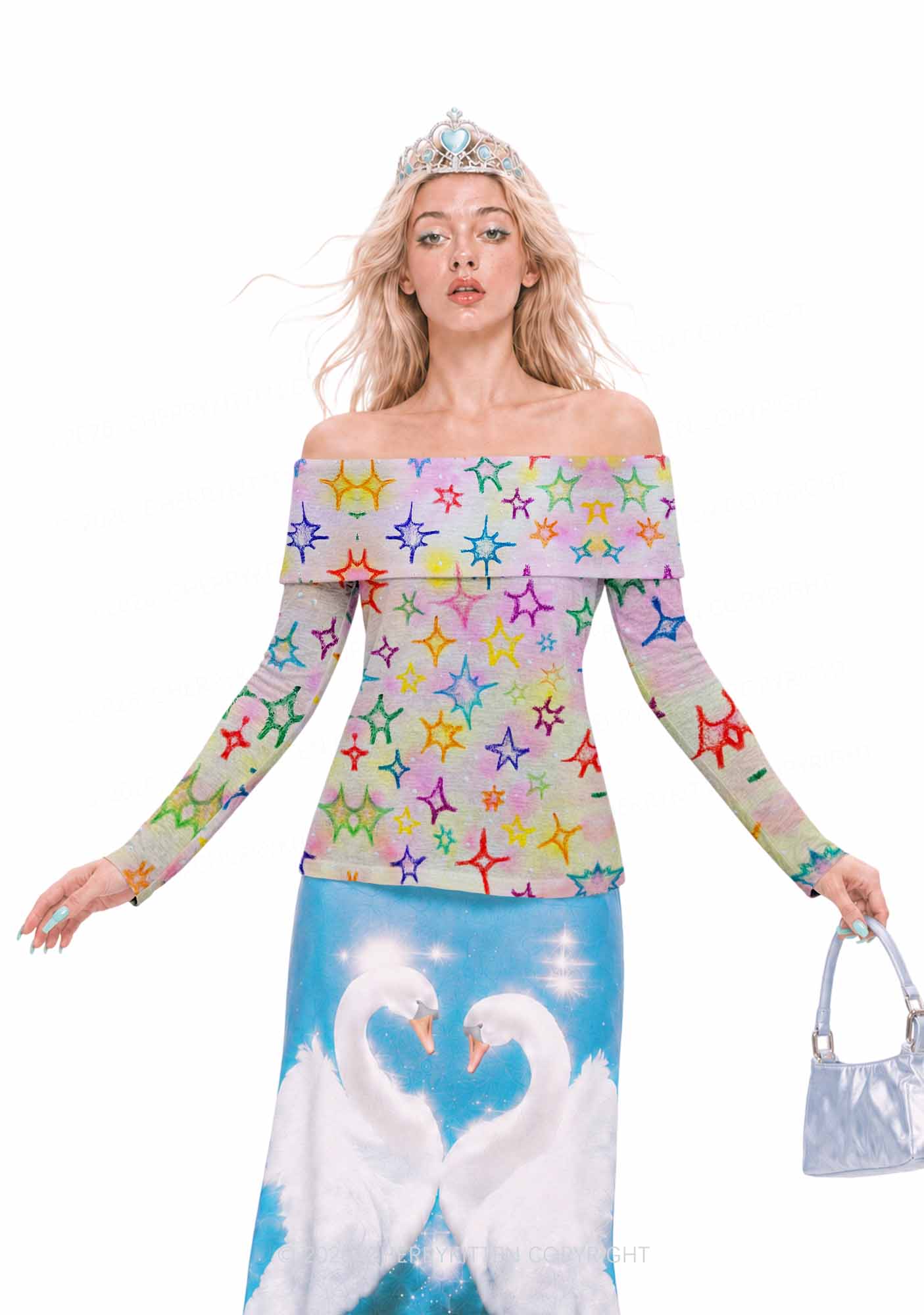 Rainbow Star Y2K Off Shoulder Fold Over Knit Top Cherrykitten