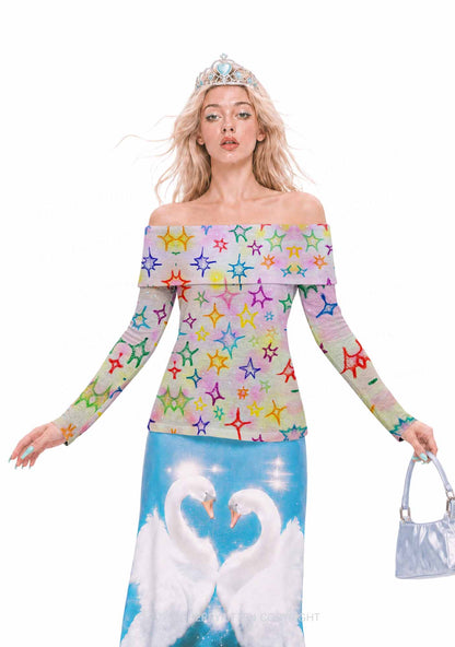Rainbow Star Y2K Off Shoulder Fold Over Knit Top Cherrykitten