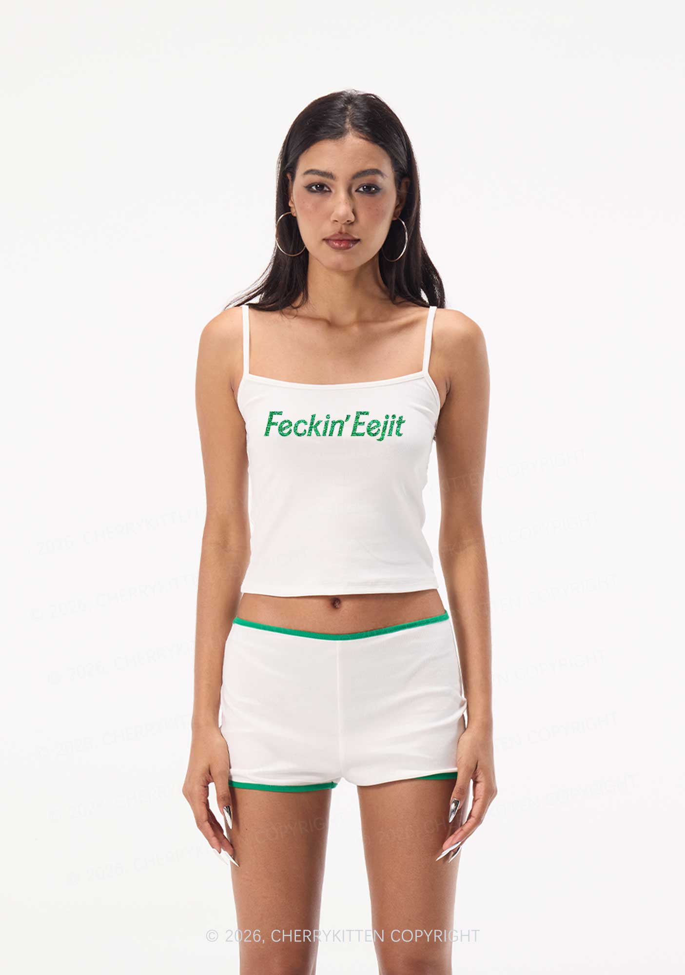 Glitter Feckin Eejit St Patricks Y2K Spaghetti Strap Cami Cherrykitten