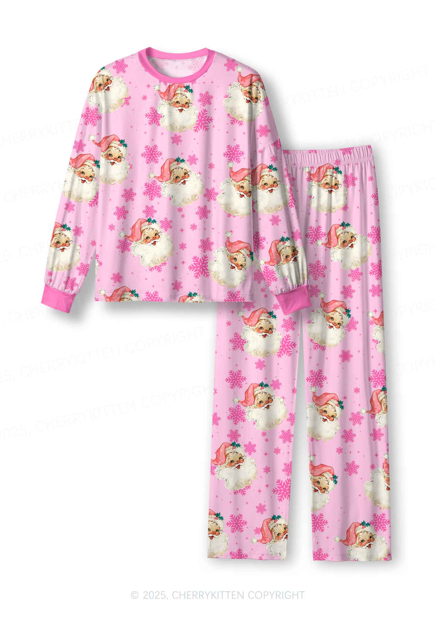 Christmas Pink Santa Y2K Print Long Sleeve Pajama Set Cherrykitten