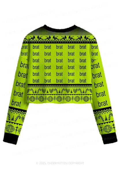 Green Brat Y2K Christmas Crop Knit Sweatshirt Cherrykitten