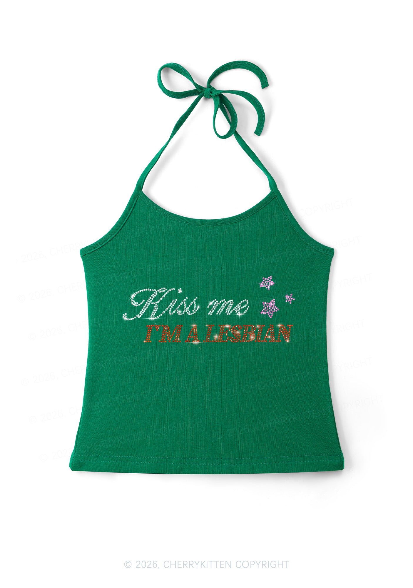 Rhinestone Kiss Me Im A Lesbian Pride Y2K Halter Neck Cami Cherrykitten