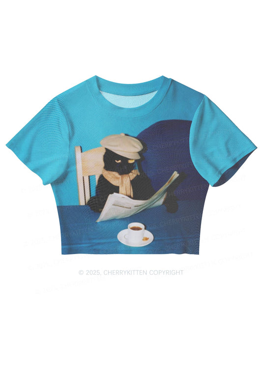 Cats Coffee Break Y2K Mesh Crop Top Cherrykitten