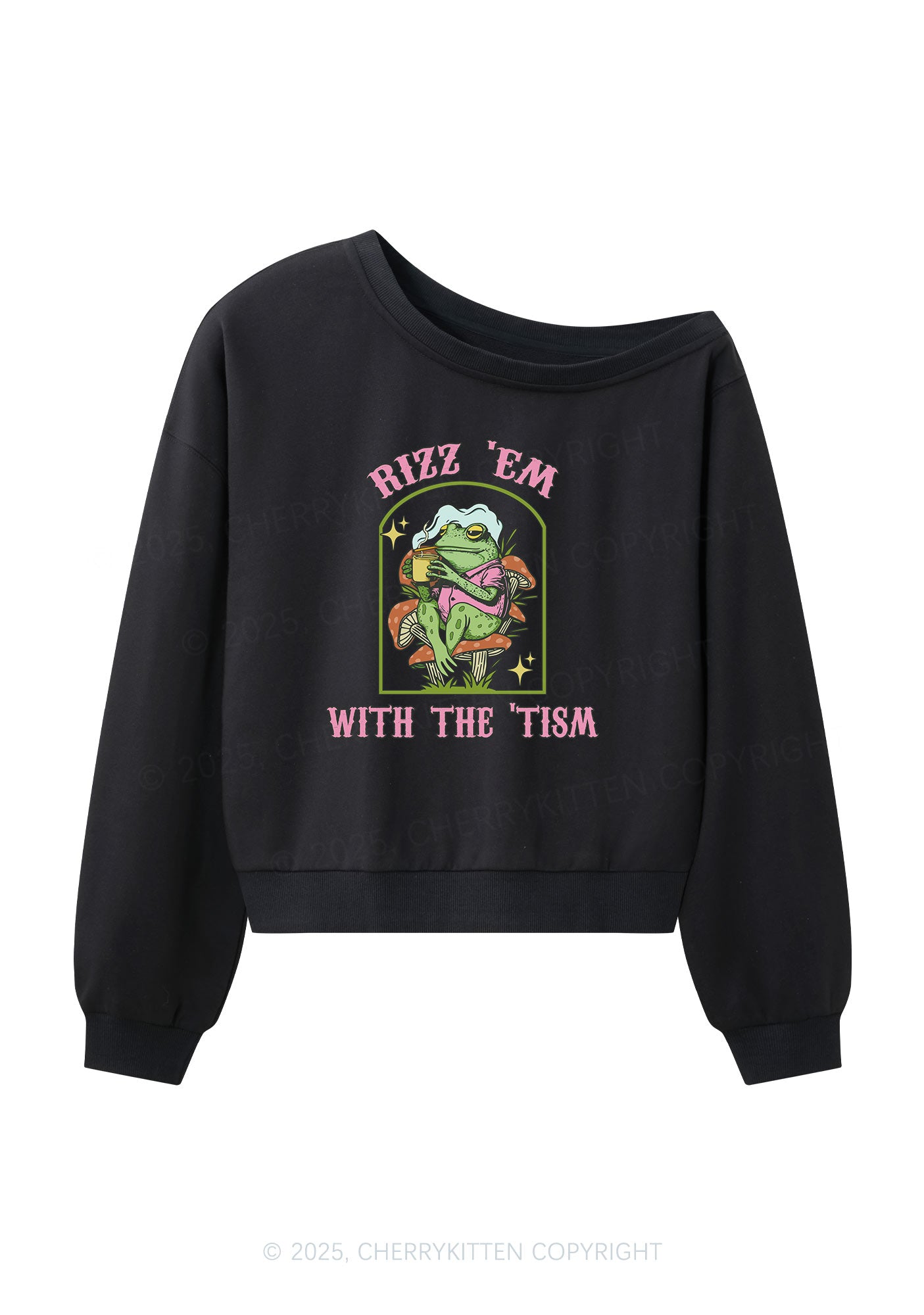 Tism Rizz Frog Y2K Off Shoulder Sweatshirts Cherrykitten