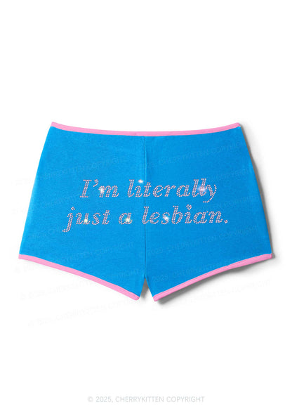 Rhinestone Literally Just A Lesbian Pride Y2K Booty Shorts Cherrykitten