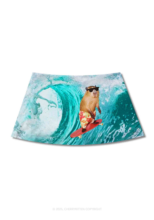 Surfing Capybara Y2K Print Mini Skirt Cherrykitten