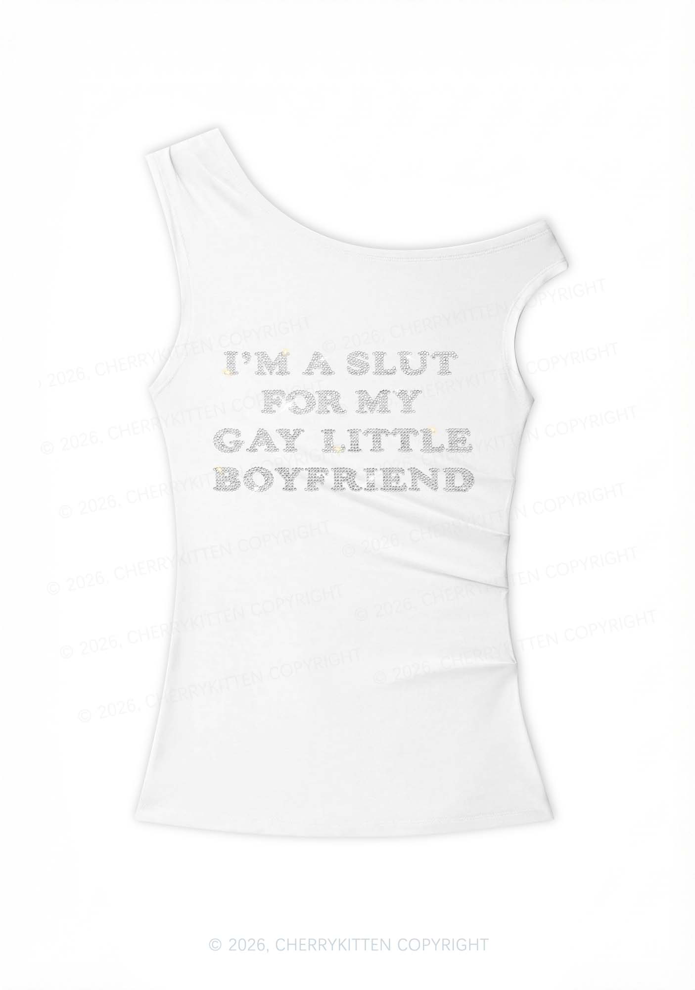 Rhinestone Slxt For My Gay BF Pride Y2K Off Shoulder Tank Top Cherrykitten