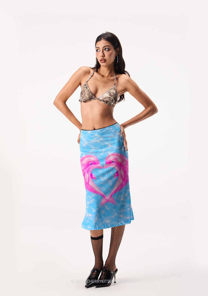 Pink Dolphin Couple Heart Y2K Print Midi Skirt Cherrykitten