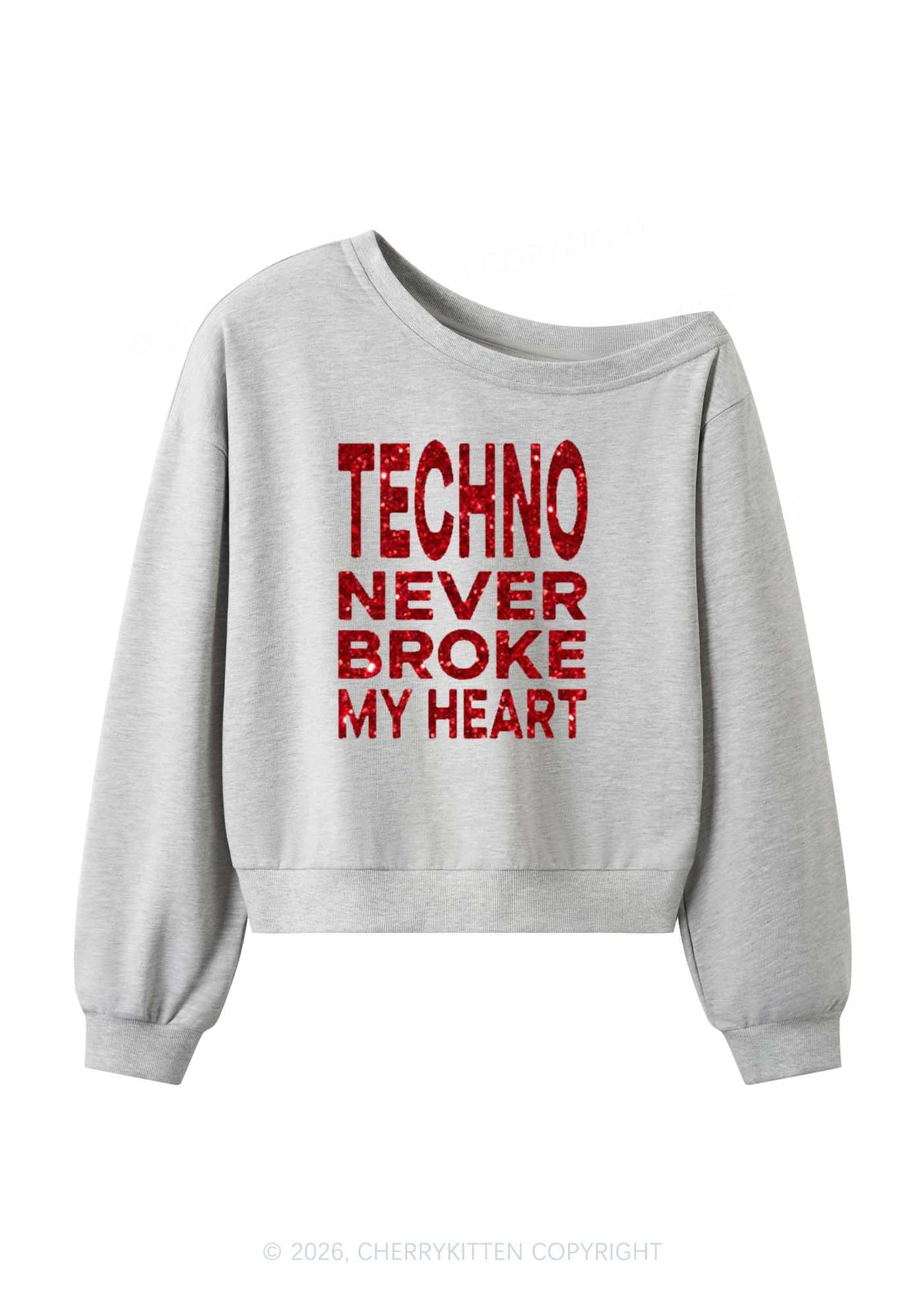 Glitter Techno Heart Y2K Off Shoulder Sweatshirts Cherrykitten
