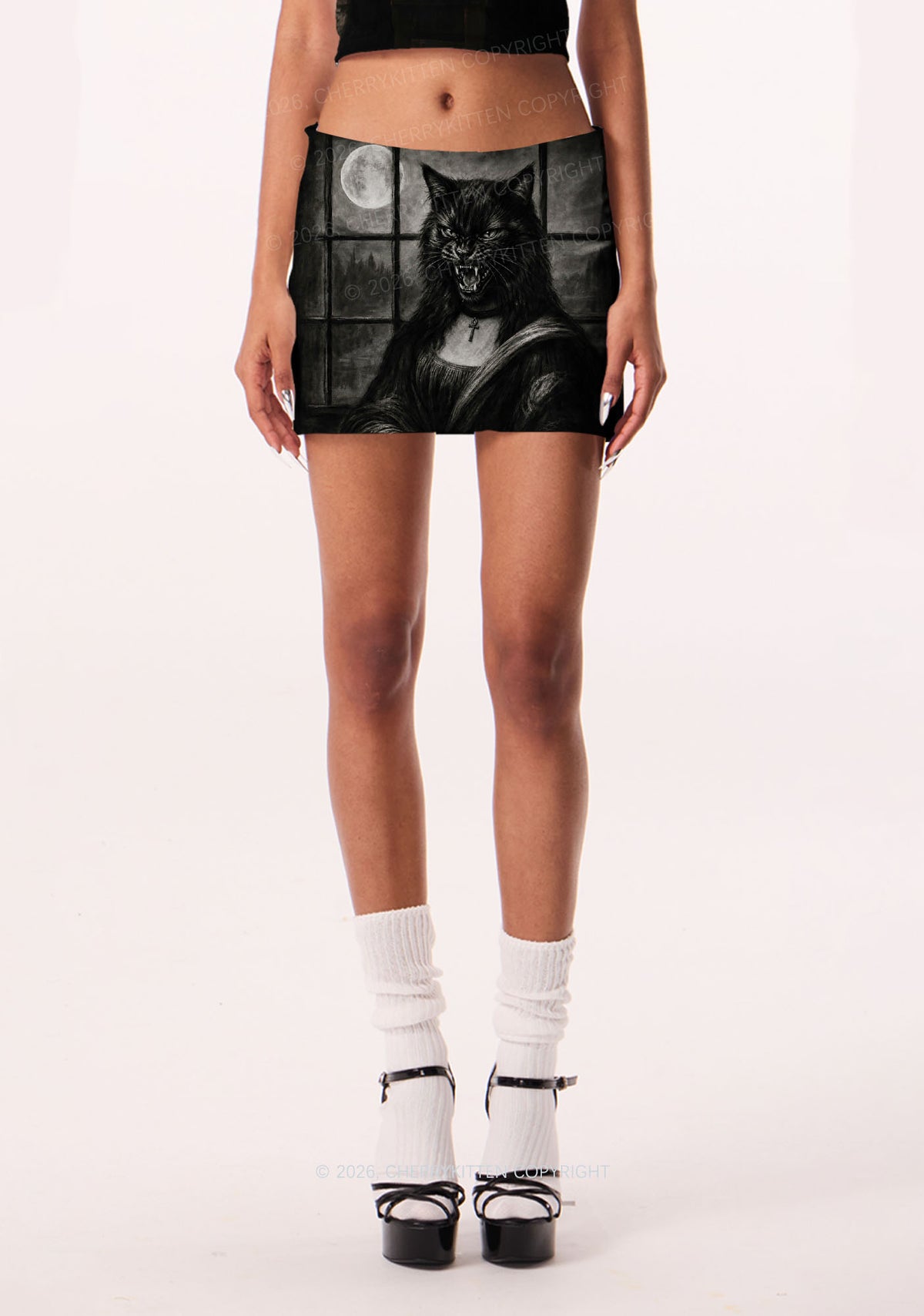Halloween Moon Night Werewolf Y2K Print Mini Skirt Cherrykitten