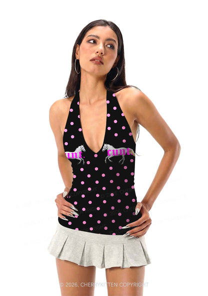 Pink Cxxt Horse Y2K Print Halter Deep V Neck Cami Cherrykitten