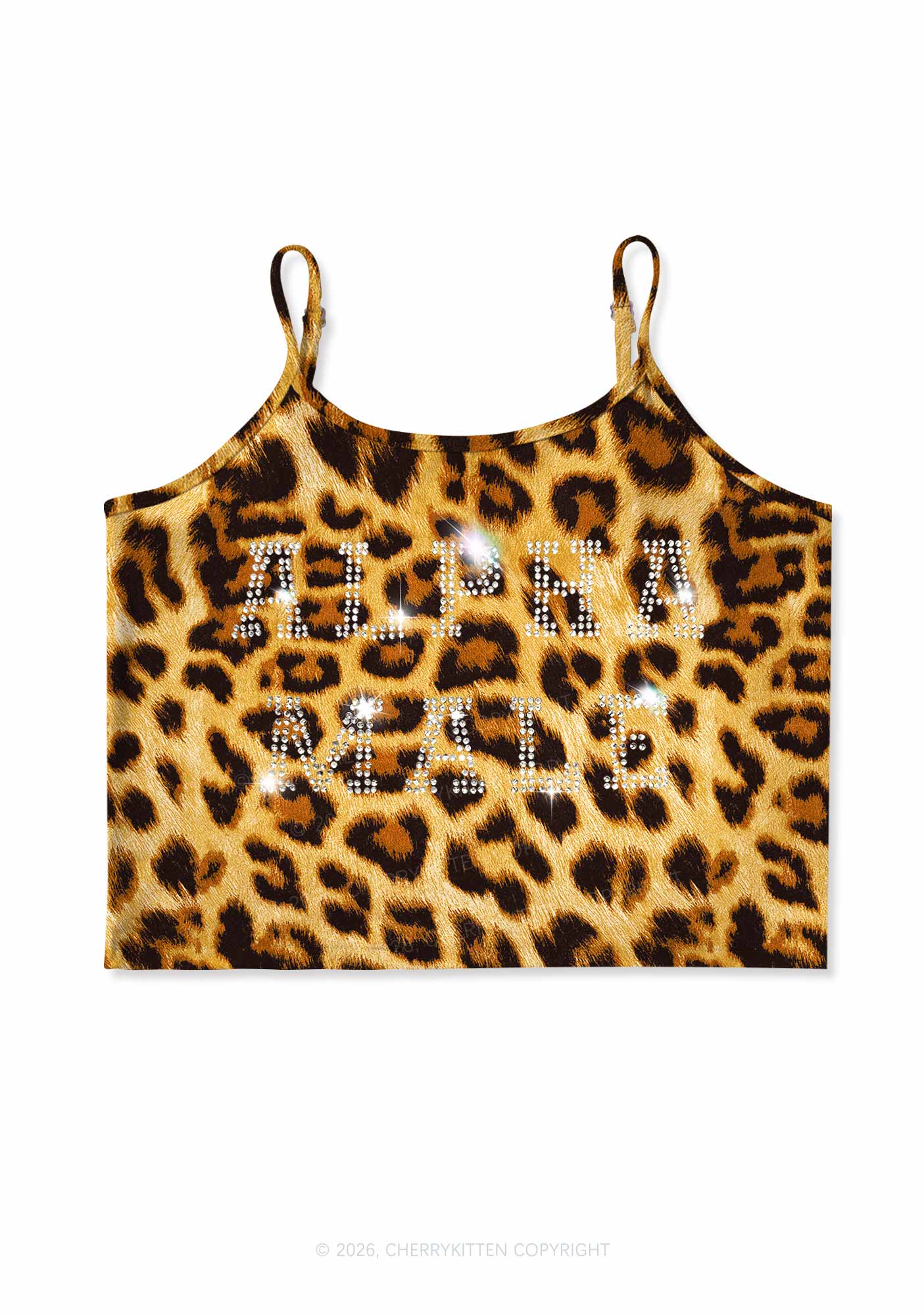 Rhinestone Alpha Male Y2K Brown Leopard Print Cami Crop Top Cherrykitten