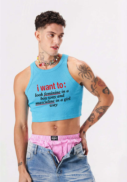 I Want To Feminine Masculine Pride Y2K Crop Tank Top Cherrykitten