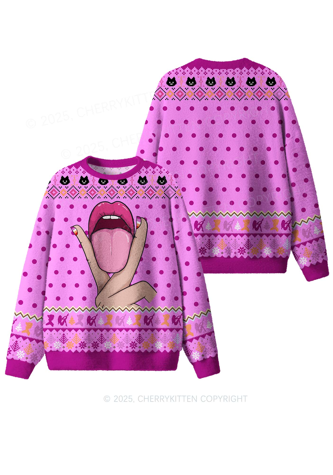 Lesbian Kissing Pride Y2K Christmas Knit Sweatshirt Cherrykitten