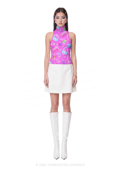 Hot Pink Jelly Charms Y2K Knit Turtleneck Tank Top Cherrykitten