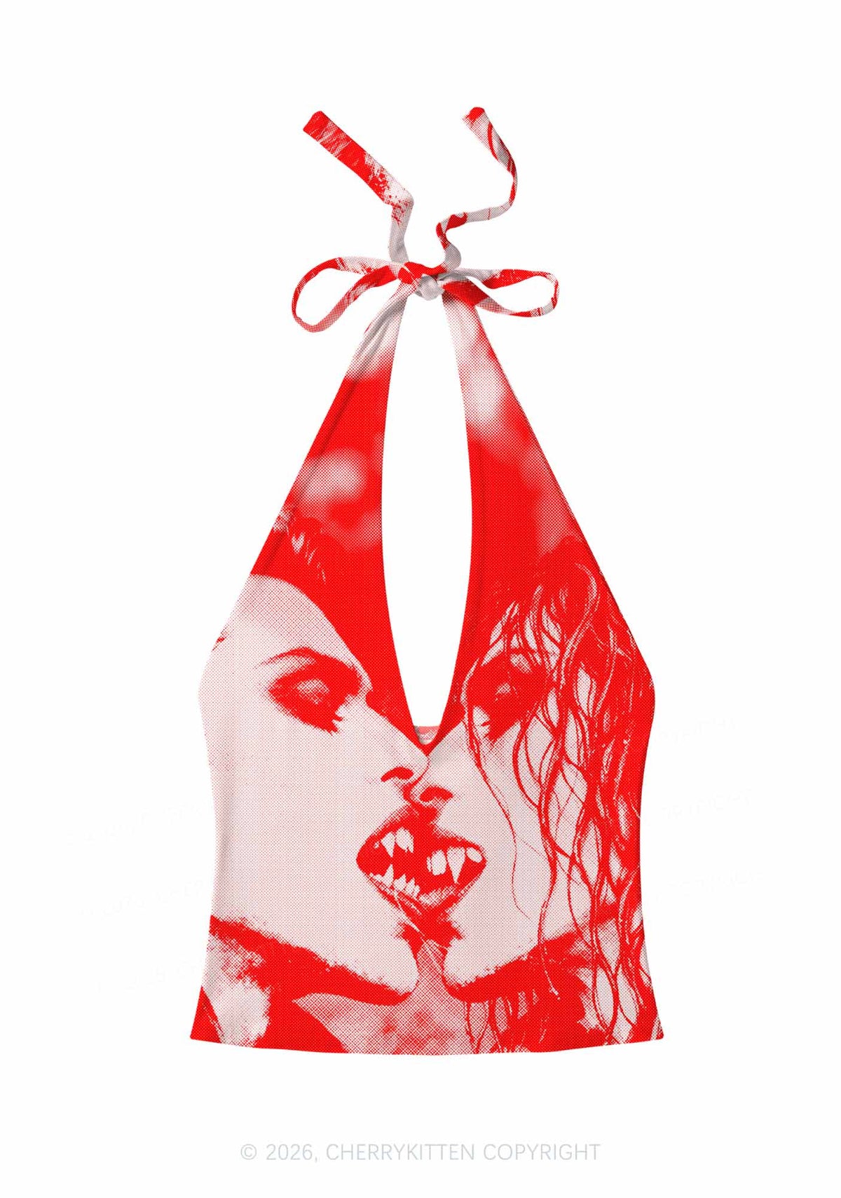 Halloween Red Pixels Vampire Couple Y2K Print Halter Deep V Neck Cami Cherrykitten