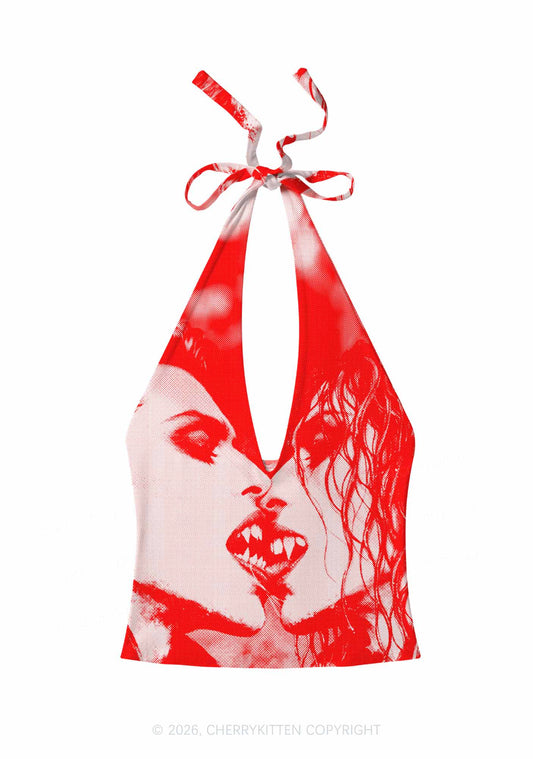 Halloween Red Pixels Vampire Couple Y2K Print Halter Deep V Neck Cami Cherrykitten