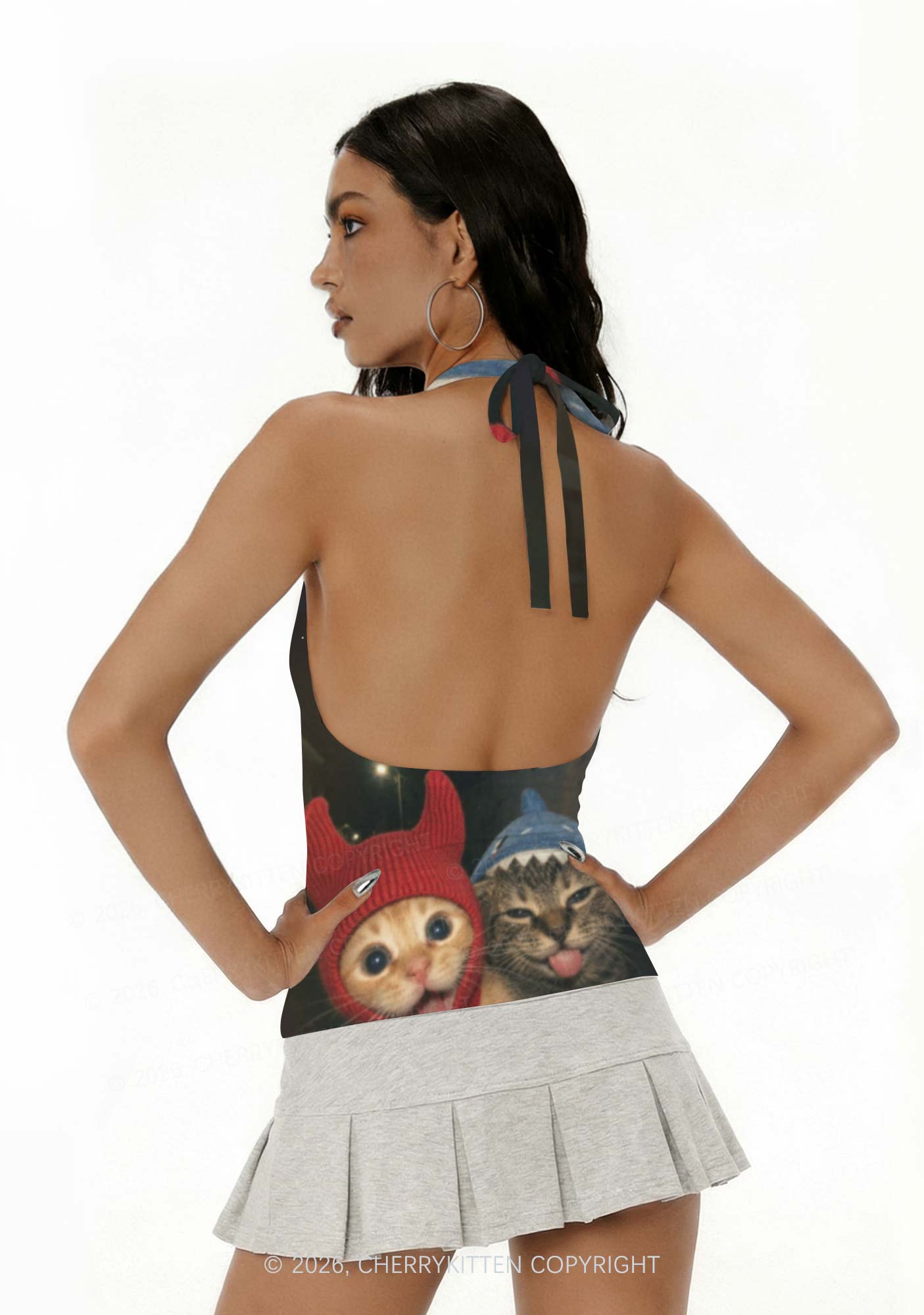 Halloween Devil Shark Hat Cat Y2K Print Halter Deep V Neck Cami Cherrykitten