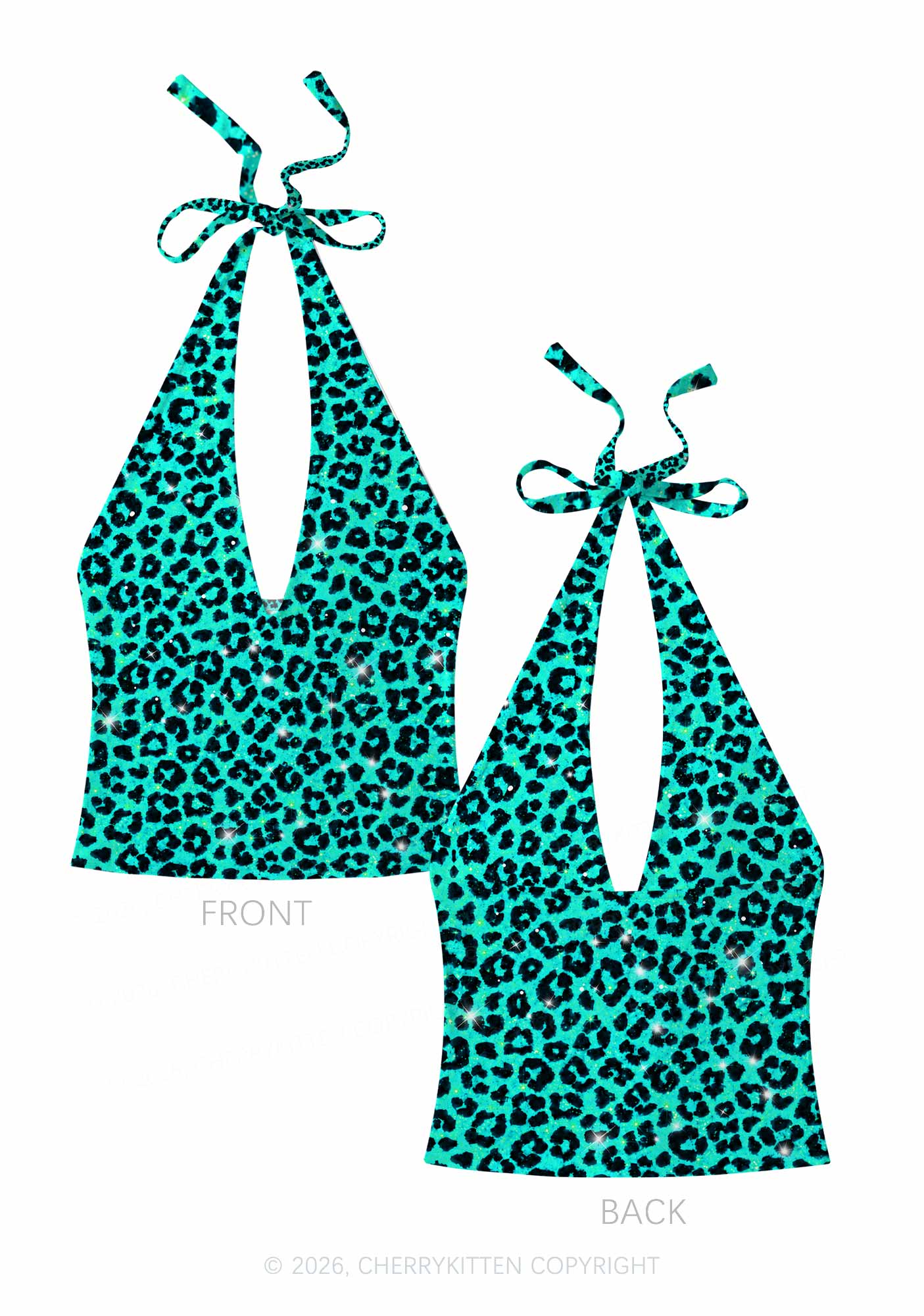 Turquoise Green Leopard Y2K Print Halter Deep V Neck Cami Cherrykitten