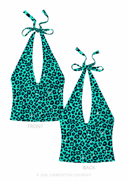 Turquoise Green Leopard Y2K Print Halter Deep V Neck Cami Cherrykitten