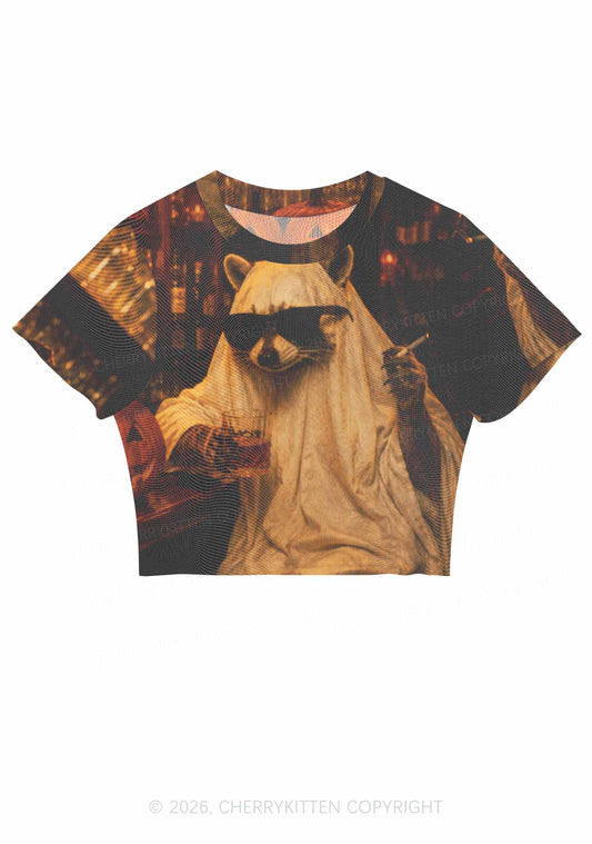Halloween Ghost Raccoon Bar Y2K Mesh Crop Top Cherrykitten