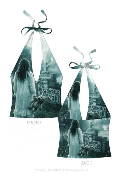 Halloween Graveyard Bunny Doll Y2K Print Halter Deep V Neck Cami Cherrykitten