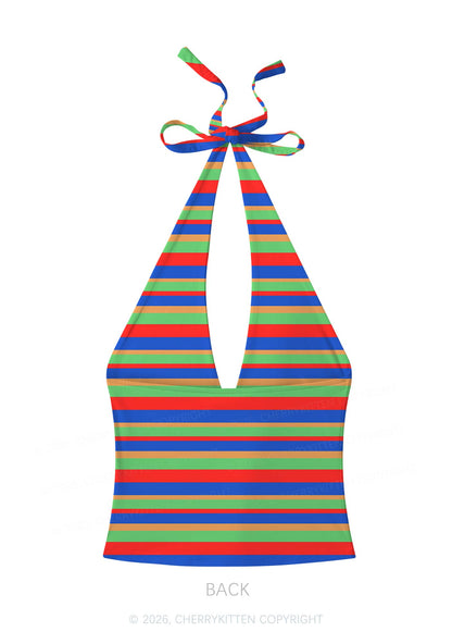 Rainbow Horizontal Stripe Y2K Print Halter Deep V Neck Cami Cherrykitten