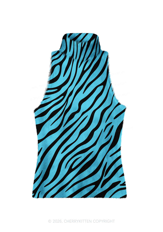 Mint Blue Zebra Stripe Y2K Knit Turtleneck Tank Top Cherrykitten