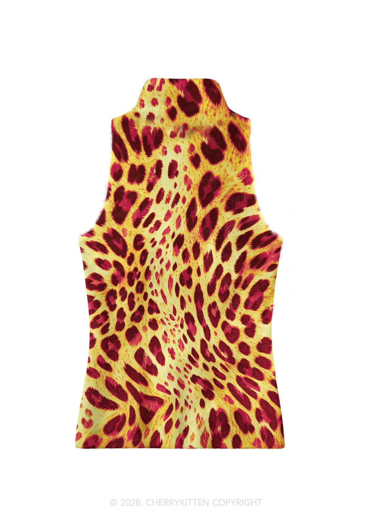 Yellow And Burgundy Leopard Y2K Knit Turtleneck Tank Top Cherrykitten