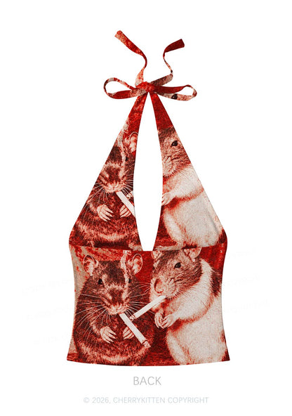Halloween Blood Smoking Ratz Y2K Print Halter Deep V Neck Cami Cherrykitten
