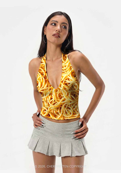 Spaghetti Pasta Y2K Print Halter Deep V Neck Cami Cherrykitten