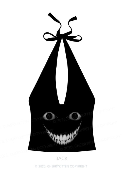Halloween Black Creepy Grin Y2K Print Halter Deep V Neck Cami Cherrykitten
