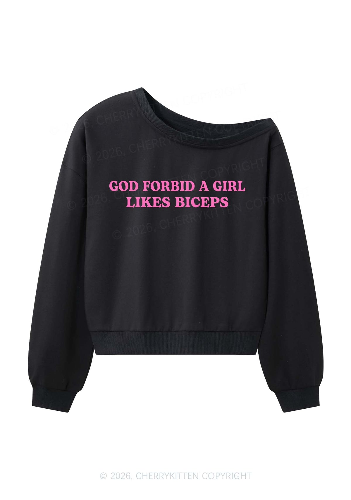 God Forbid A Girl Likes Biceps Y2K Off Shoulder Sweatshirts Cherrykitten