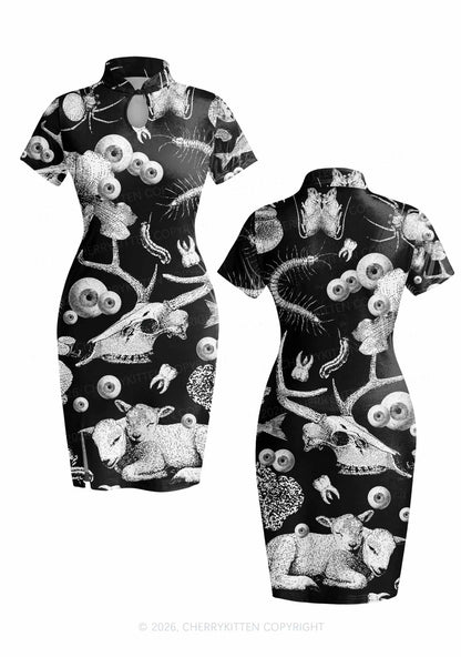 Halloween Dark Sheep Bone Y2K Cheongsam Mini Dress Cherrykitten