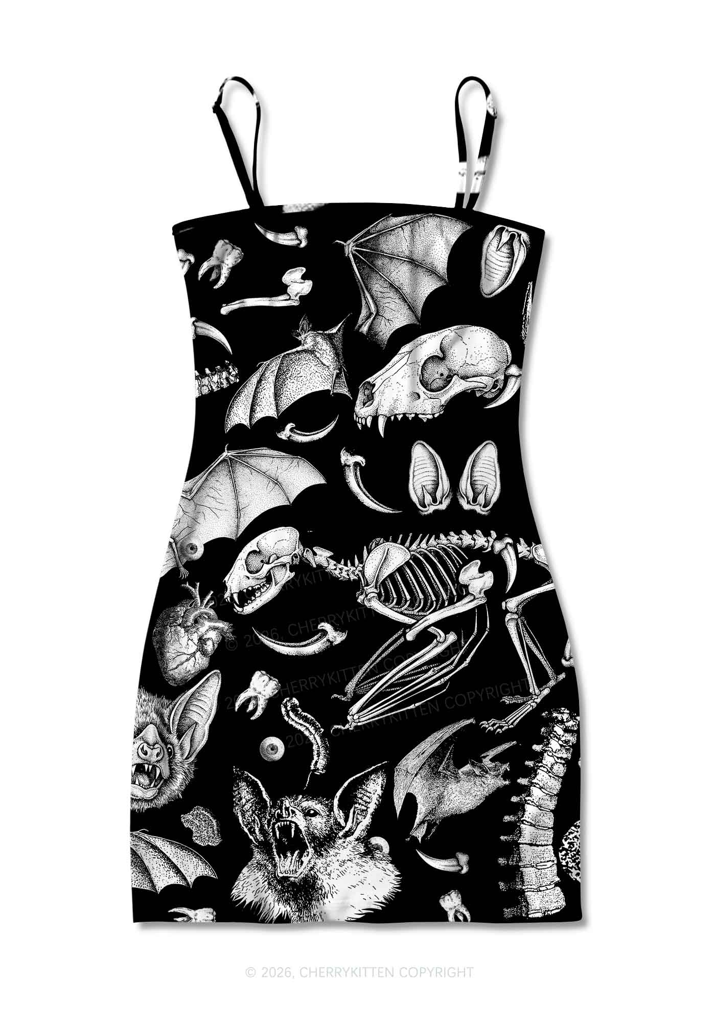 Halloween Goth Animal Bone Skull Y2K Print Slip Dress Cherrykitten