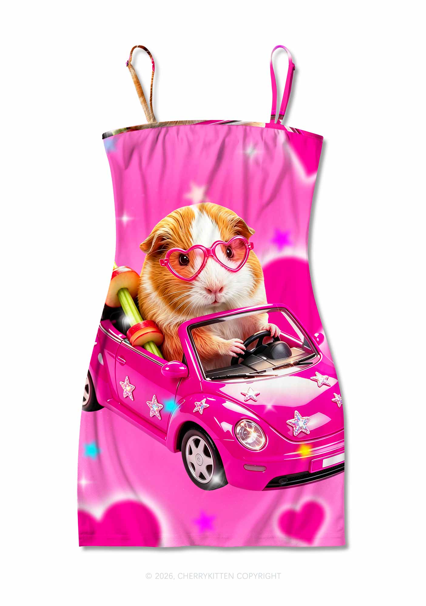 Pink Car Guinea Pig Y2K Print Slip Dress Cherrykitten