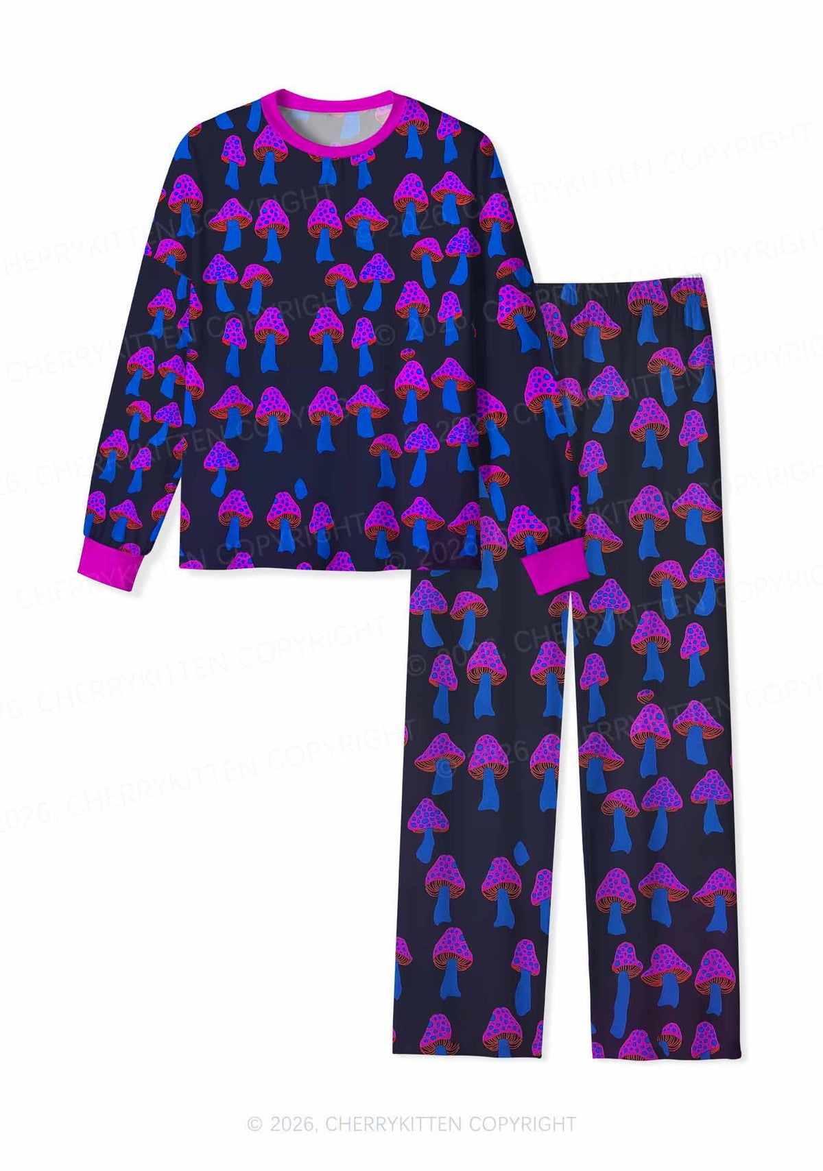 Blue Mushroom Y2K Print Long Sleeve Pajama Set Cherrykitten