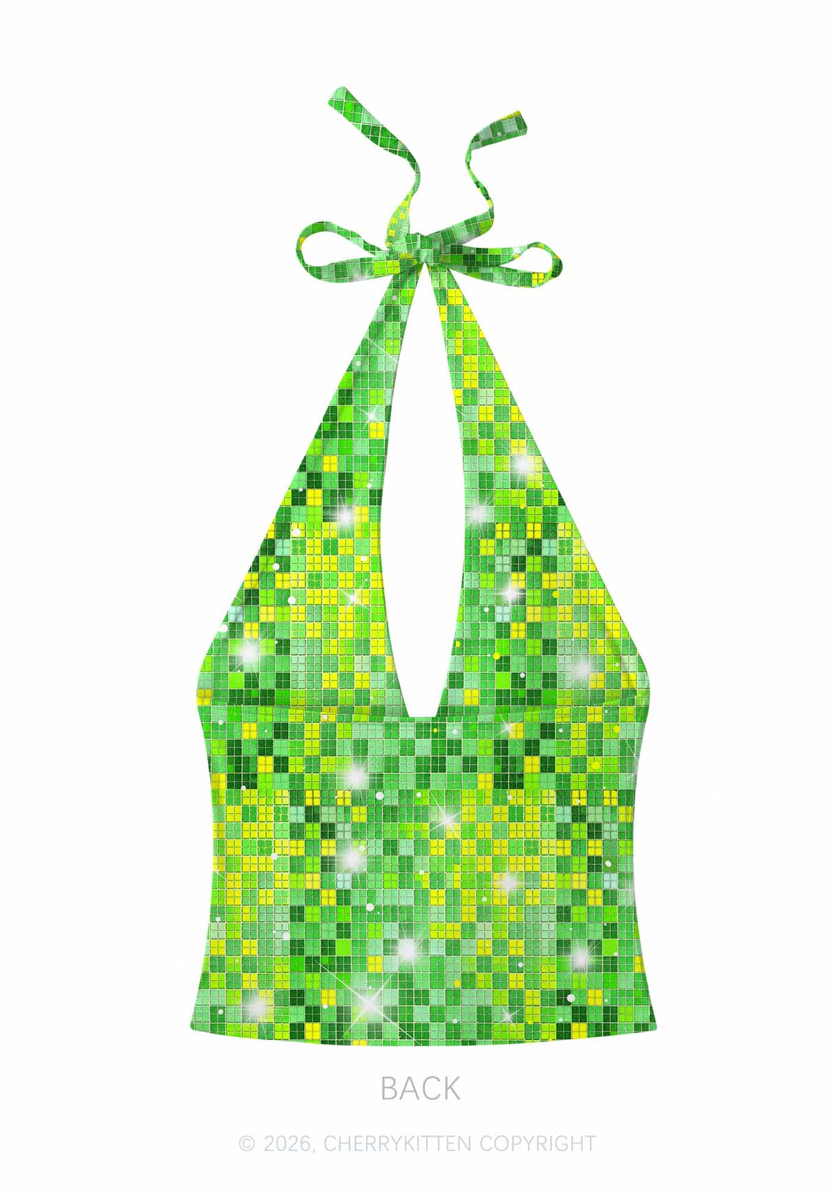 Green Disco Ball Grid Y2K Print Halter Deep V Neck Cami Cherrykitten