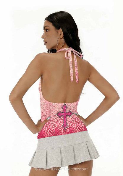Halloween Pink Leopard Cross Y2K Print Halter Deep V Neck Cami Cherrykitten