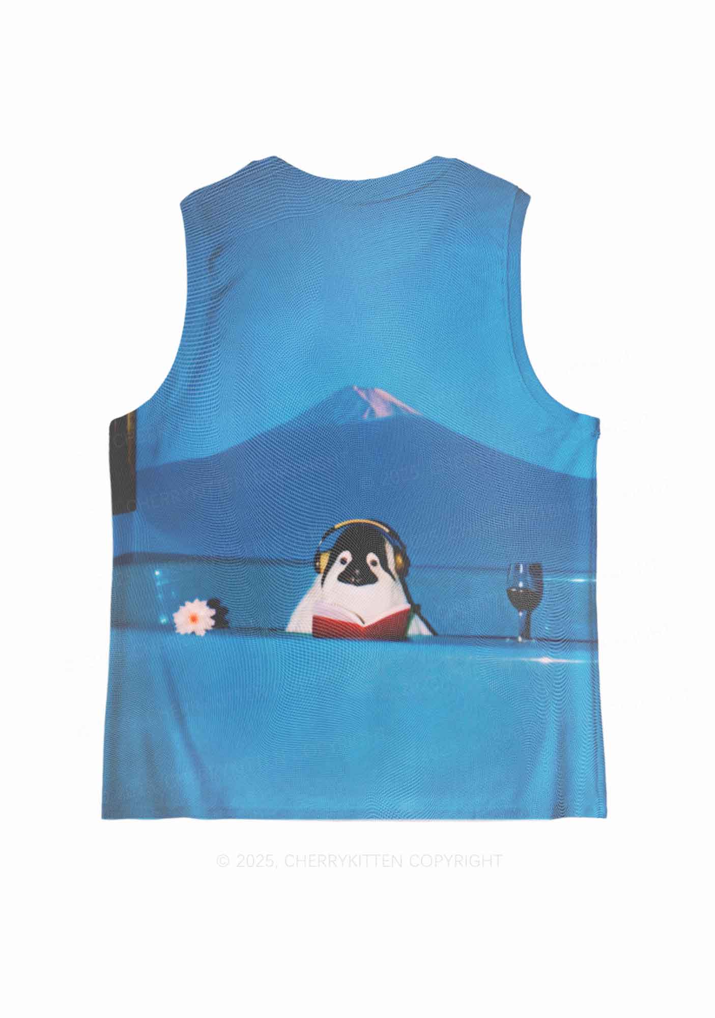 Penguin Reading Book Y2K Mesh Muscle Tank Cherrykitten
