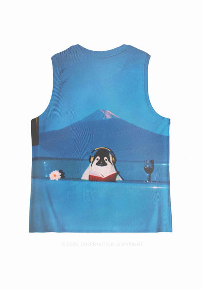 Penguin Reading Book Y2K Mesh Muscle Tank Cherrykitten