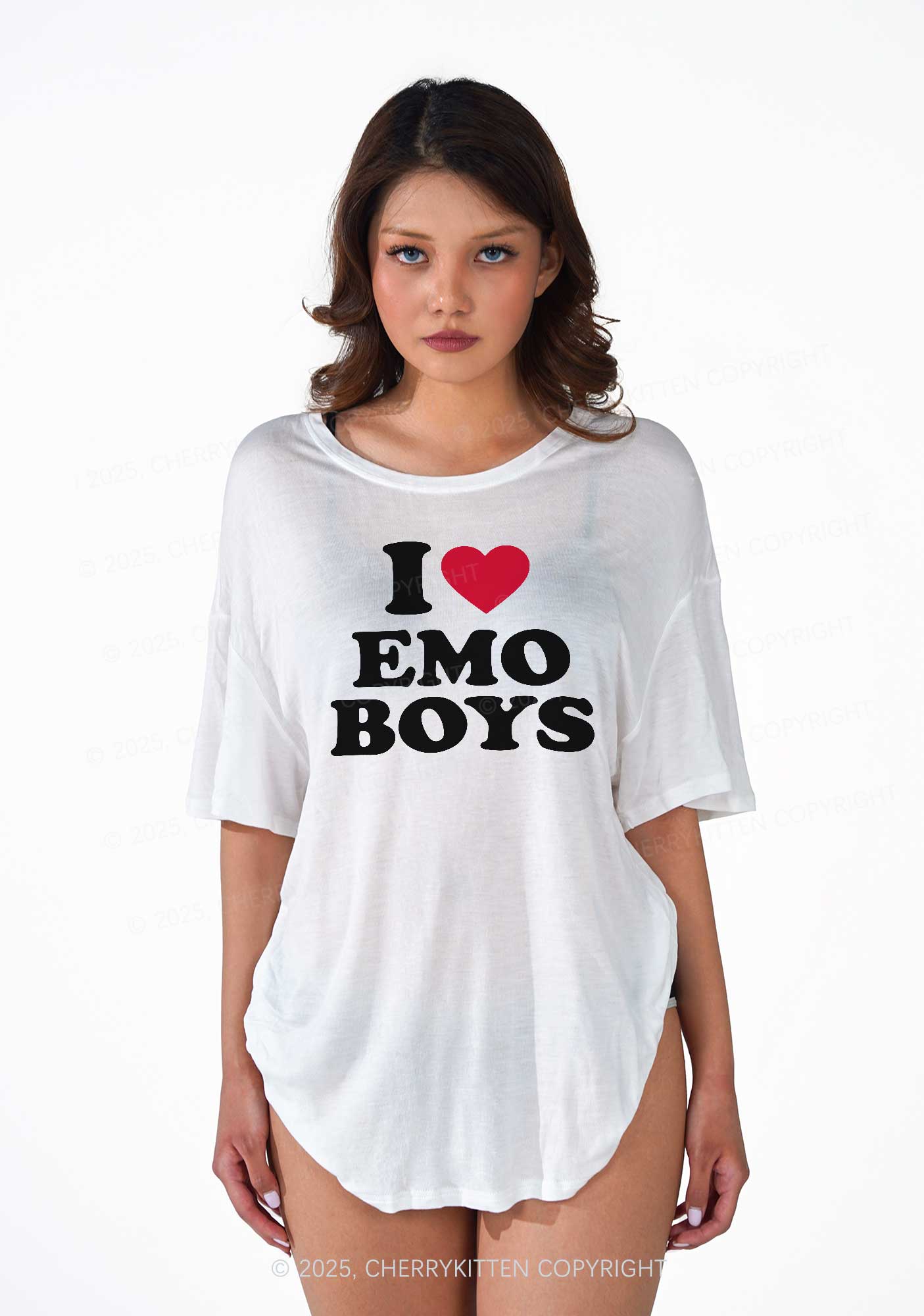 I Love Emo Boys Y2K Sheer Boyfriend Tee Cherrykitten